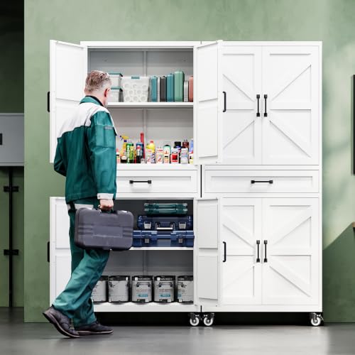Letaya Metal Garage Storage Cabinets with Wheels,White Rolling Tool Cabinet - color: White, size: 15.7” D x 32” W x 73” H