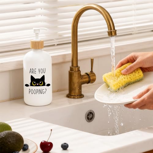 Black Cat Bathroom Glass Soap Dispenser, are You Pooping Hand Soap Dispenser for Bathroom, Black Cat Lover Gifts Refillable Handsoap Pump Bottle for Washroom Restroom Countertop