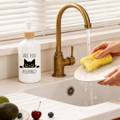 Black Cat Bathroom Glass Soap Dispenser, are You Pooping Hand Soap Dispenser for Bathroom, Black Cat Lover Gifts Refillable Handsoap Pump Bottle for Washroom Restroom Countertop