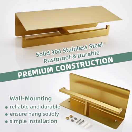 APLusee Brushed Gold Double Toilet Paper Holder with Shelf, Wall Mounted - color: Brushed Dark Gold, size: Double Rod