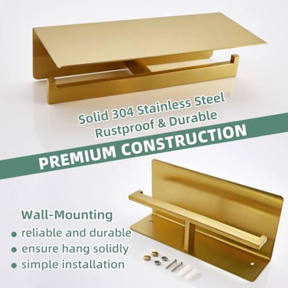 APLusee Brushed Gold Double Toilet Paper Holder with Shelf, Wall Mounted - color: Brushed Dark Gold, size: Double Rod
