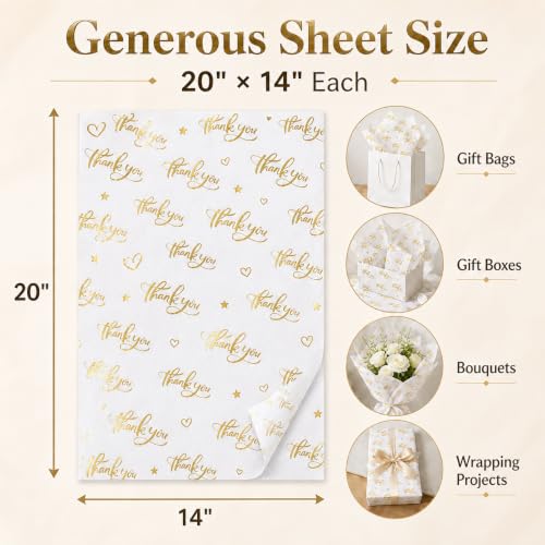 ROVIBIOBIO Thank You White Tissue Paper, 100 Sheets, 20 x 14 Inch - color: Gold White