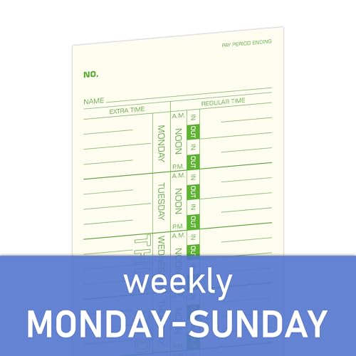Weekly Time Cards 1-Sided, 3-1/2" x 9", Named Days, 100-Count,Time Cards for Employees, Green Print, Timecards for Time Clocks