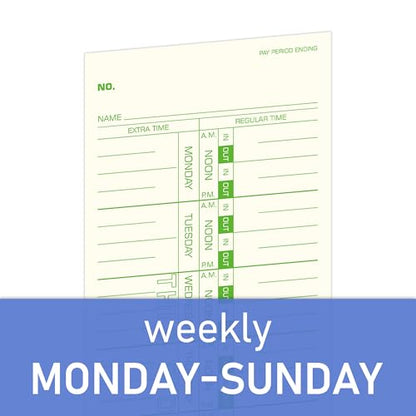 Weekly Time Cards 1-Sided, 3-1/2" x 9", Named Days, 100-Count,Time Cards for Employees, Green Print, Timecards for Time Clocks