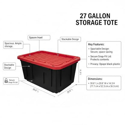 27 Gallon Heavy Duty Storage Tote with Lid, Stackable & Nestable Plastic Storage Bin for Garage, Large Tote Box Organizing Container, Black Red (2) - size: 2