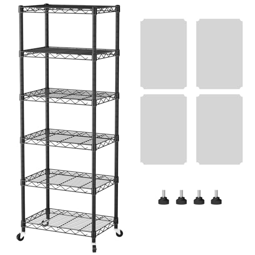 SINGAYE 6 Shelves Storage Shelf Wire Shelving Unit Metal Adjustable Wheels - color: Black, size: 6Tier/11.5"D X 17.5"W X 61.5"H