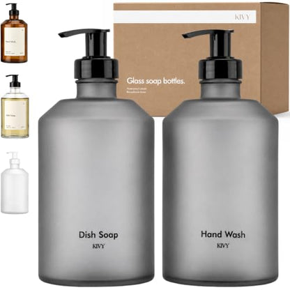 KIVY Glass Soap Dispenser Set 2X 16oz - incl. Waterproof Labels - with Pump - color: Matte Black