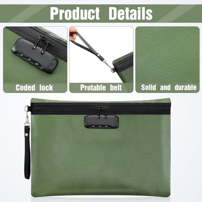 Nezyo 2 Pcs Fireproof Document Bag with Lock, Waterproof Money Pouch,Green - color: Green
