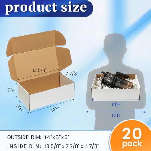 Wowxyz 14x8x5" Shipping Boxes 20 Pack White Corrugated Cardboard Box - size: 14x8x5"