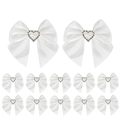 AIMUDI White Bows Satin Ribbon Rhinestone Bows 3" Premade Sparkle Bows with Gems Pre-Tied Craft Bows with Rhinestone Gift Bows for Wedding Sewing Crafts Gift Wrapping Baby Shower - 12 Counts - color: White