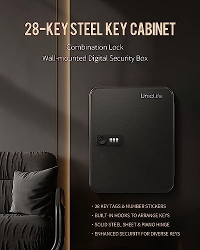Uniclife 28-Key Steel Key Cabinet, Black Key Box with Combination Lock - color: Black, size: 28 Keys