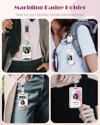 Uniclife Marbling Sliding Badge Holder Pink Marble Pattern Plastic Card Holder with Retractable Badge Reel Carabiner Detachable Lanyard Vertical Card Protector for Office Worker Nurse Teacher Student - color: Pink Marble