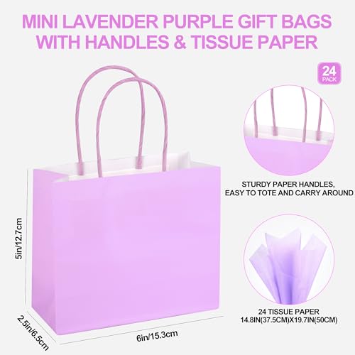 DjinnGlory 24 Pack Mini Tiny Small Lavender Purple Paper Gift Bags with Handles 6x5x2.5 Inch and 24 Tissue Paper for Merchandise Wedding Baby Shower Birthday Party Favors Goodies - color: Purple