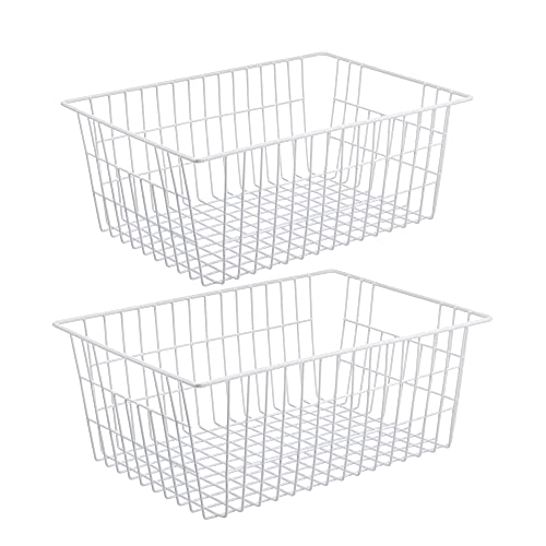 Redrubbit Wire Storage Baskets, Large Farmhouse Metal Freezer Basket Storage Organizer Bins with Handles for Kitchen Cabinets, Pantry, Closets, Bedrooms, Bathrooms, Set of 2, White - color: White, size: 2 Pack
