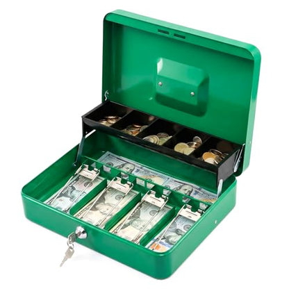 KYODOLED Locking Cash Box with Lock,Money Box with Cash Tray,Lock Safe Box with Key,Money Saving Organizer,11.81Lx 9.45Wx 3.54H Inches,Green XL Large - color: Green