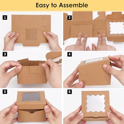 Moretoes 24pcs Small Cookie Boxes with Window, 4x4x2.5In Brown Bakery Boxes - color: Brown