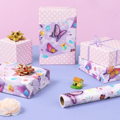 WERNNSAI Butterfly Wrapping Paper Girl, 33 ft Reversible Polka Dot Design - color: Butterfly