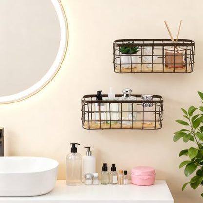 Dicunoy Set of 2 Small Wire Baskets, Narrow Rustic Storage Bin for Bathroom Counter, Farmhouse RectangleOrganizer Tray for Kitchen Countertop, Pantry, RV, School Classrooms, Office Decorative