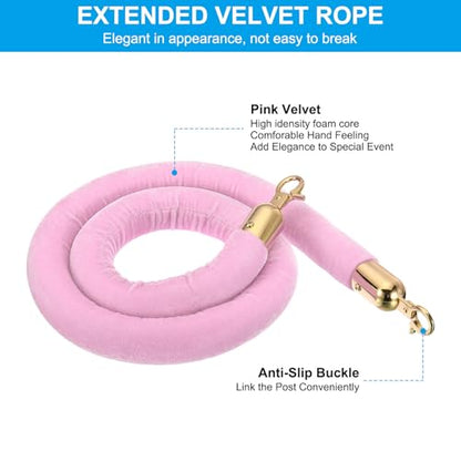 PATIKIL 3.9 Feet Pink Velvet Stanchion Rope, Crowd Control Barrier Rope with Snap Hooks for Posts Stand Queue Divider of Hotel Theater, Golden - color: Pink, size: 3 Feet