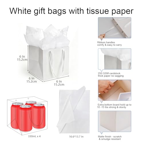 Papertide 12 Pack 6x6x6 inch White Square Gift Bags with Tissue Ppaper - color: White