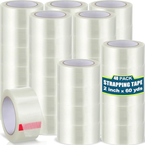 Treela 40 Rolls Strapping Tape Bulk 2 Inch X 60 Yards 5.5 Mil Fiberglass Filament Tape Transparent Reinforced Heavy Duty Packing Strips for Shipping Sealing Binding Fixing