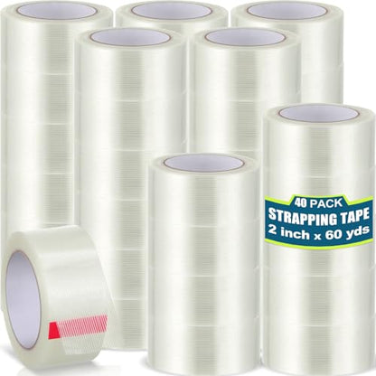 Treela 40 Rolls Strapping Tape Bulk 2 Inch X 60 Yards 5.5 Mil Fiberglass Filament Tape Transparent Reinforced Heavy Duty Packing Strips for Shipping Sealing Binding Fixing