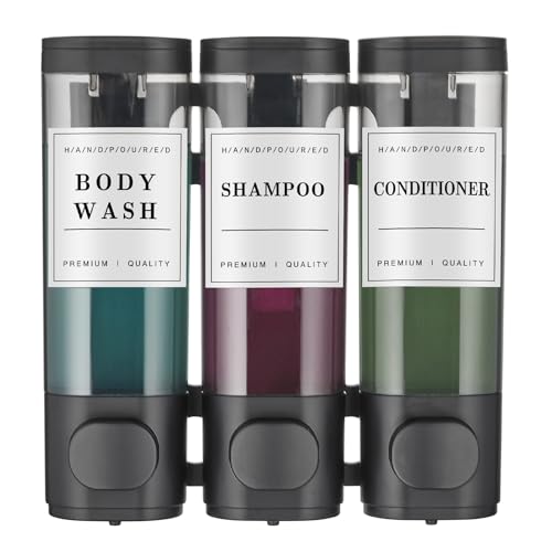 Shampoo and Conditioner Dispenser Shower Dispenser Body Wash Wall Mounted Shampoo Dispenser for Shower Wall No Drill for Bathroom Hotel 3 Chamber x 350ml Black with Waterproof Labels - color: Black 3