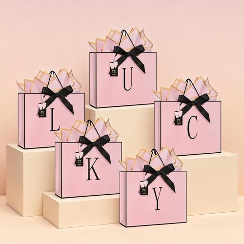 ZUKEPU Birthday Gift Bag, Personalized Initial Pink Gift Bags for Women & Girls, Medium Valentines Gift Paper Bags with Card and Tissue Paper, Stands up perfectly for Weddings, Party & All Holidays (Pink, B-Medium) - size: B-Medium