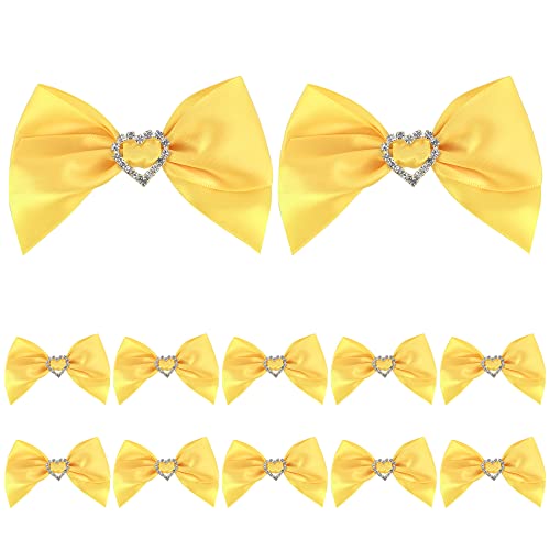AIMUDI Pre-Tied Yellow Gold Satin Bows with Rhinestone 3" Yellow Ribbon Bows with Heart Diamante Bows for Gift Wrapping Small Bows for Crafts Wedding Embellishment Shower Party Favors - 12 PCs - color: Yellow Gold