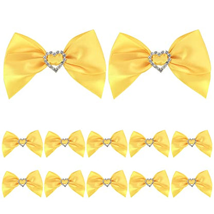 AIMUDI Pre-Tied Yellow Gold Satin Bows with Rhinestone 3" Yellow Ribbon Bows with Heart Diamante Bows for Gift Wrapping Small Bows for Crafts Wedding Embellishment Shower Party Favors - 12 PCs - color: Yellow Gold