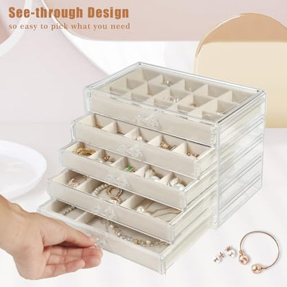 GUOER Earring Organizer 5 Drawers Acrylic Jewelry Box for Women, Warm White - color: Warm White