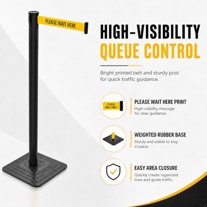 4 Pack Crowd Control Stanchions with 10 FT “Please Wait HERE” Retractable Belts, Black Queue Barrier Posts with Weighted Rubber Bases, 4-Way Connection for Line Control - color: Please Wait HERE, size: Rectangular Base