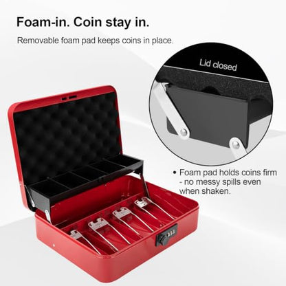Jssmst Metal Cash Box with Money Tray and Lock, Portable Cash Drawer, 11.8" - color: Red Code-A