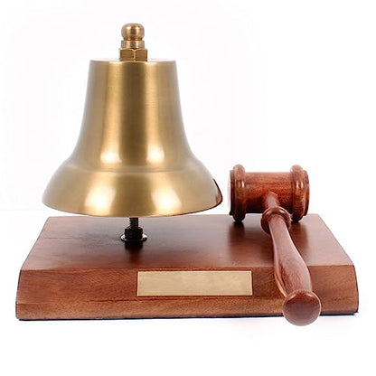 Deluxe Antiqued Brass Stock Market Desk Bell on Wooden Base with Hammer, 8.5 x 9 x 7 inches