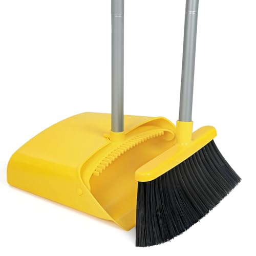 Stand Up Dustpan and Broom Set 50” Long Handle Broom with Dust Pan, with Self Cleaning Combe for Ergonomic Home Office Classroom Indoor Sweeping - color: Yellow