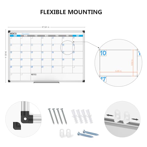 XBoard Magnetic Calendar Whiteboard 48" x 36", Monthly Calendar Dry Erase Board, Silver Aluminium Framed Planning Board for Home Office School - size: 48"W x 35.7"H