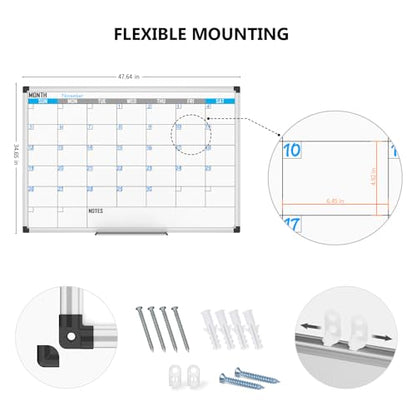 XBoard Magnetic Calendar Whiteboard 48" x 36", Monthly Calendar Dry Erase Board, Silver Aluminium Framed Planning Board for Home Office School - size: 48"W x 35.7"H