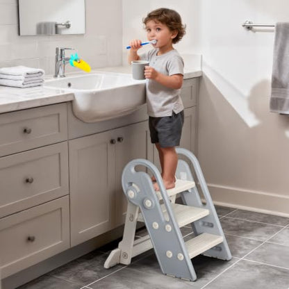 Onasti Adjustable Toddler Step Stool with Handles, Converts from 3-Step to 2-Step as Kids Grow, Non-Slip Safety Stool for Bathroom Sink, Kitchen Counter, Potty Training and Everyday Household Use-Grey - color: Silver Grey
