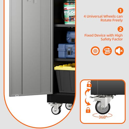 71 in Garage Storage Cabinet with Wheels, Black and Dark Grey - color: Black-dark Gray, size: 16"D x 32"W x 71"H