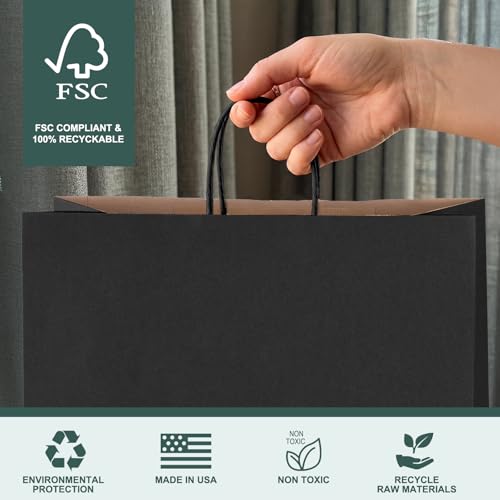 METRONIC Large Black Paper Bags With Handles 16x6x12 Inch 100 Pack, - color: Black, size: 1 Count (Pack of 100)