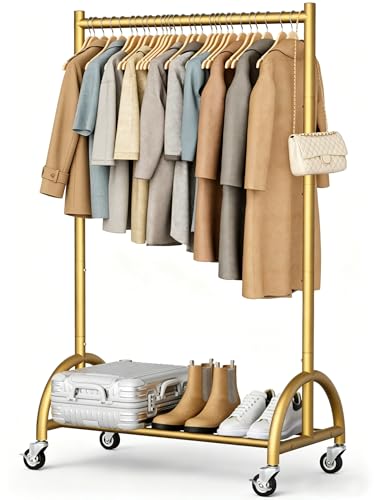 MISSLO Heavy Duty Clothing Rack with Wheels Rolling Clothes Racks for Hanging Clothes, Coats, Garment, Dress, Gold, 28" W - color: Gold, size: 28"W x 14.8"D x 66"H (Small)