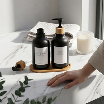 KASUNTING Hand and Dish Soap Dispenser Set, Plastic Kitchen Soap Dispenser Set with Bamboo Tray, 17 Fl Oz Black Soap and Lotion Dispensers Sets with 4 Pack Labels for Kitchen & Bathroom Countertop - color: Black, size: 2 Bottles with Bamboo Tray