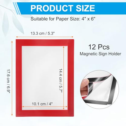 PATIKIL 4 x 6 Inch Magnetic Sign Holder, 12Pcs Self-Adhesive Soft Magnetic Border Wall Mount PVC Picture Frames Document Holder for Wall Window Home Office Store Poster, Red - color: Red