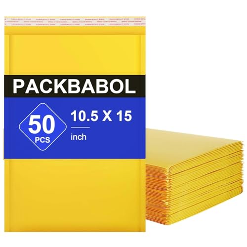 packbabol Kraft bubble mailers 10.5x15 Inch 50 Pack,Self-Sealing Paper Envelopes for Packaging,Strong Adhesion Envelope Mailers, Waterproof Cushioned Padded Shipping Bags Yellow #5 - size: 10.5x15-50Pc