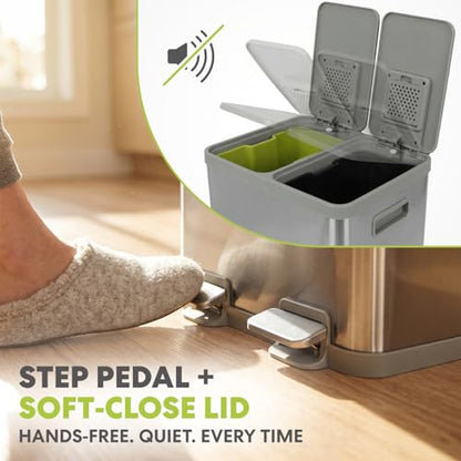 SIMPLI-MAGIC 10.5 Gallon (2 x 5.3 Gallon) / 40 Liter Mini Space-Saving Dual Compartment Stainless Steel KitchenTrash Can, Step-On Kitchen Garbage Bin with Removable Inner Buckets and Soft-Close Lid - size: 40 L