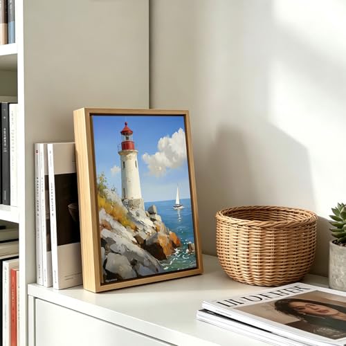 Lighthouse Coastal Ocean Wooden Box Sign Wall Art 8x12 Inch - color: Beach Lighthouse