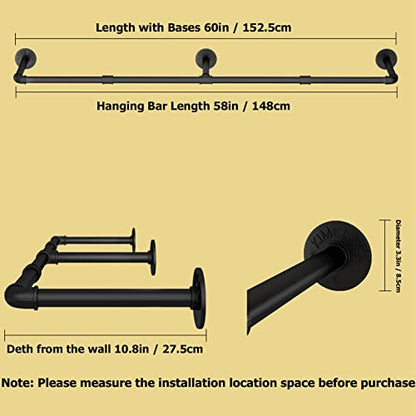 Wall Mounted Clothes Rack, 60in Industrial Pipe Clothing Rack for Hanging Clothes, Heavy Duty Garment Rack Wall, Space-Saving Bar, Multi-Purpose Hanging Rod for Laundry Room, Bedroom, 2 Packs - size: 60.0Inches