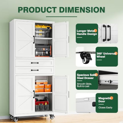 Letaya Metal Garage Storage Cabinets with Wheels,White Rolling Tool Cabinet - color: White, size: 16” D x 31.5” W x 73” H