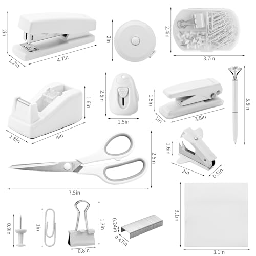 White Desk Accessory Kit Cute Office Supplies Set Desktop Stapler Set Includes Staple Remover Hole Punch Tape Dispenser Ballpoint Pen Scissor Mini Box Cutter Tape Measure Paper Clips Sticky Notes - color: White
