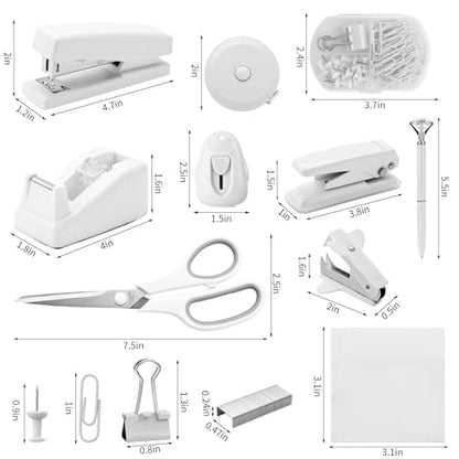 White Desk Accessory Kit Cute Office Supplies Set Desktop Stapler Set Includes Staple Remover Hole Punch Tape Dispenser Ballpoint Pen Scissor Mini Box Cutter Tape Measure Paper Clips Sticky Notes - color: White
